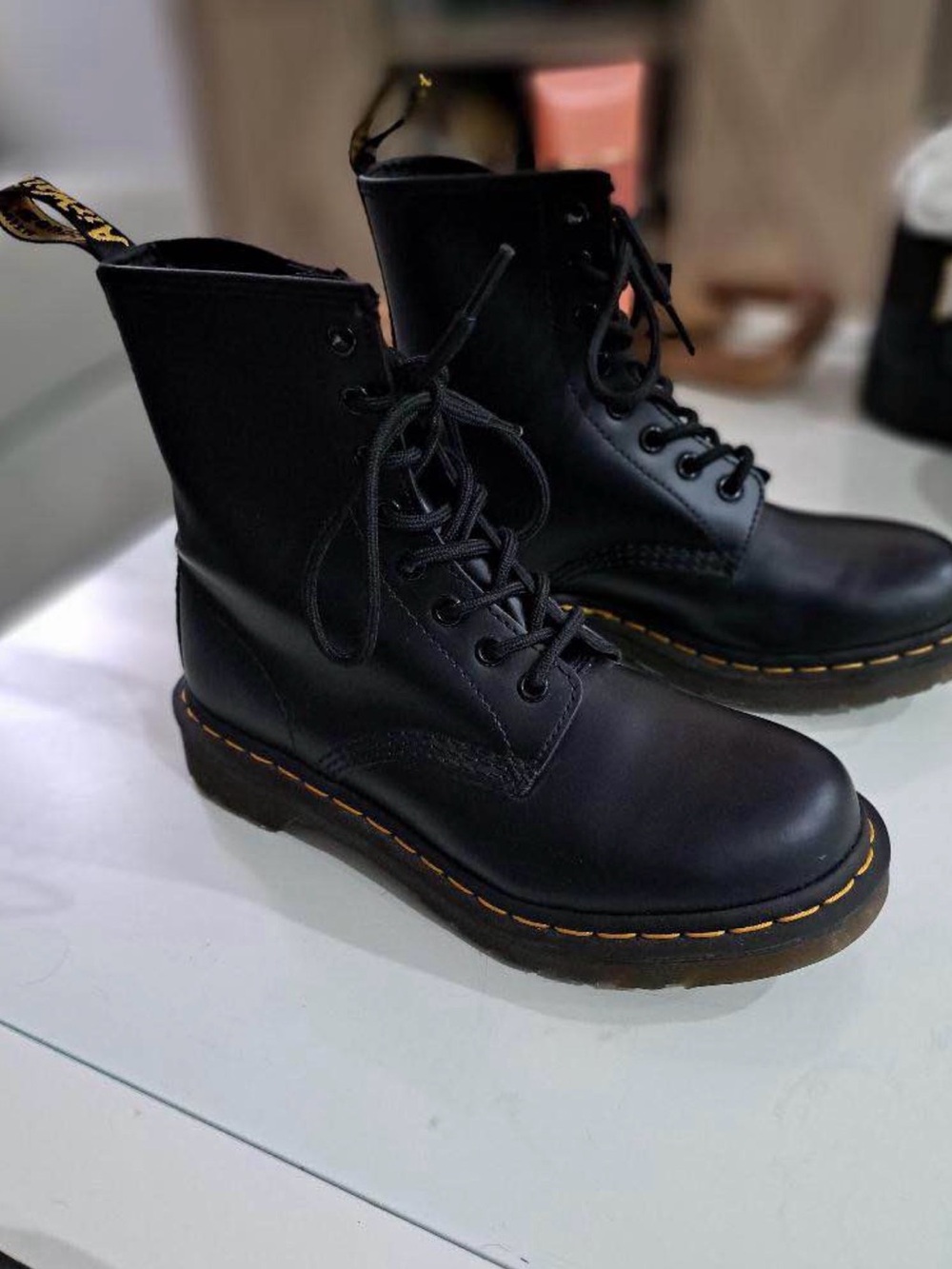 Dr. Martens Black Leather Lace-Up Ankle Boots with Yellow Stitching